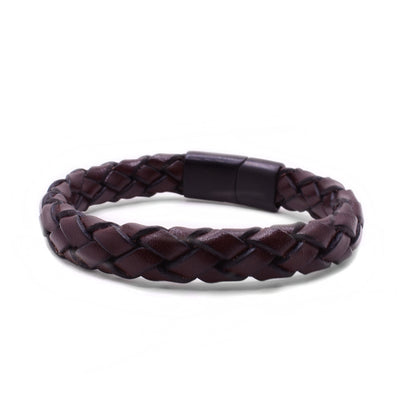 This leather bracelet is dark brown in colour and has a black, steel magnetic clasp.