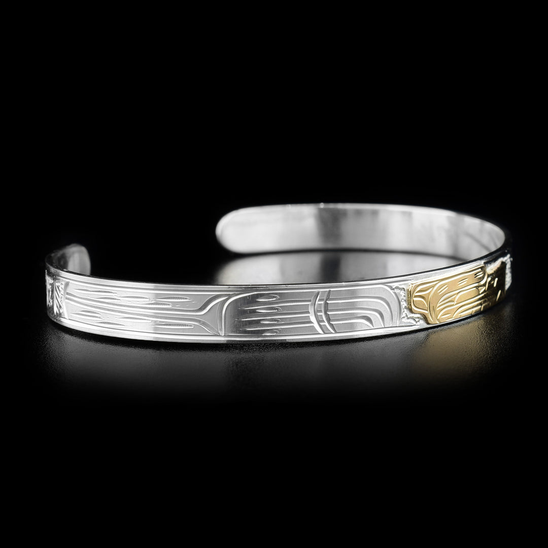 Silver and Gold Bear Chasing Salmon Cuff - Artina's Jewellery