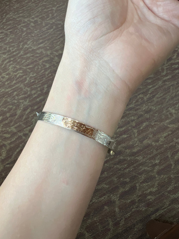 Silver and Gold Bear Chasing Salmon Cuff - Artina's Jewellery
