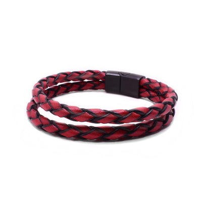 This leather bracelet has two strands of woven leather coloured red and black connected together by a black magnetic steel clasp.
