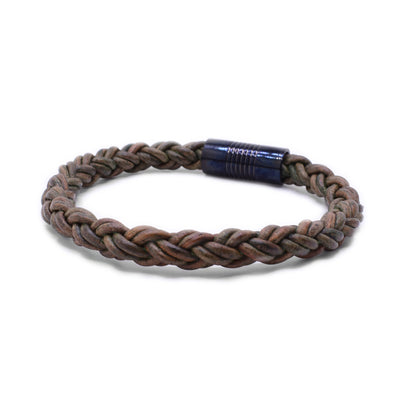 This leather bracelet has light brown leather woven together with a dark magnetic steel clasp.