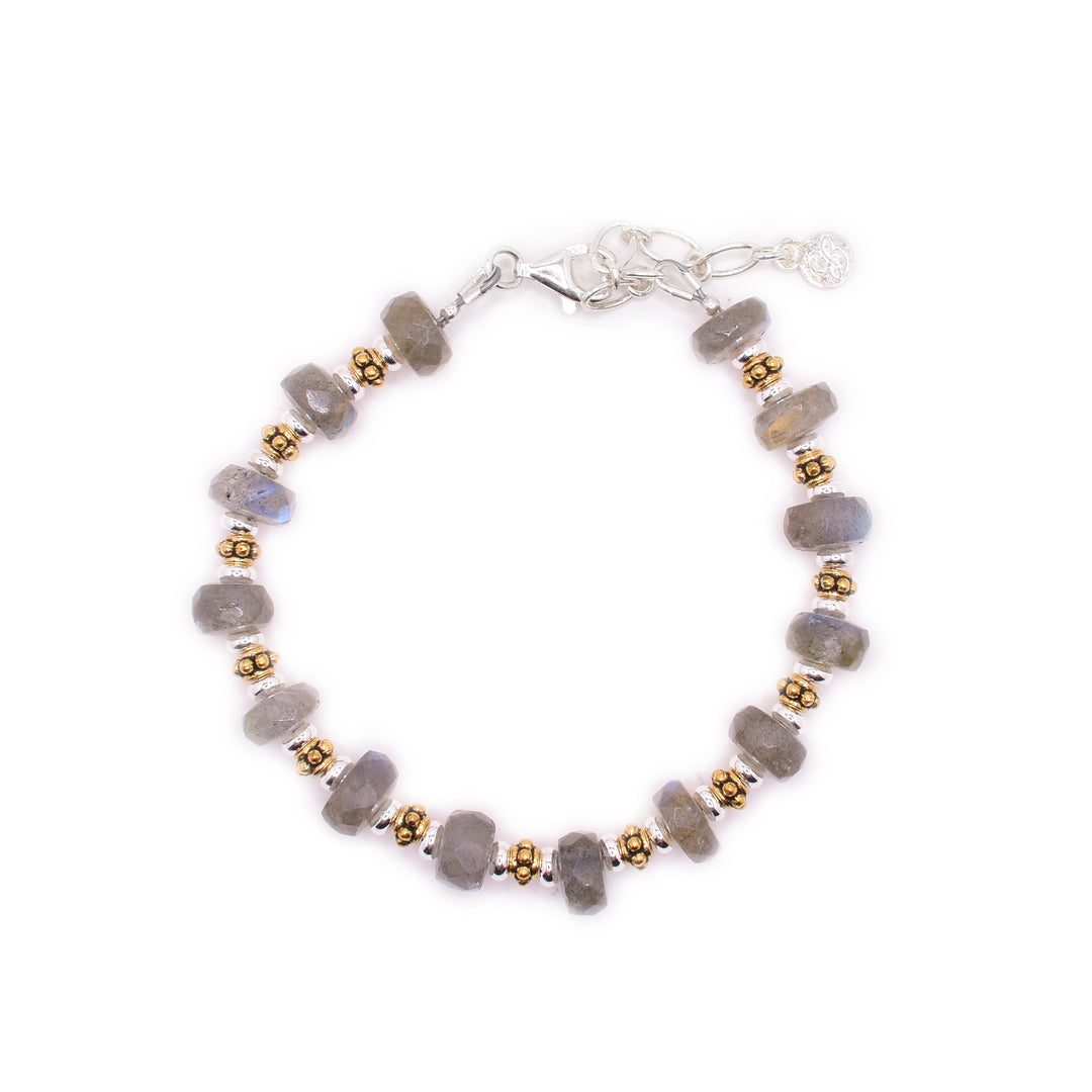 This is a sterling silver and labradorite clasp bracelet. The labradorite beads are round.