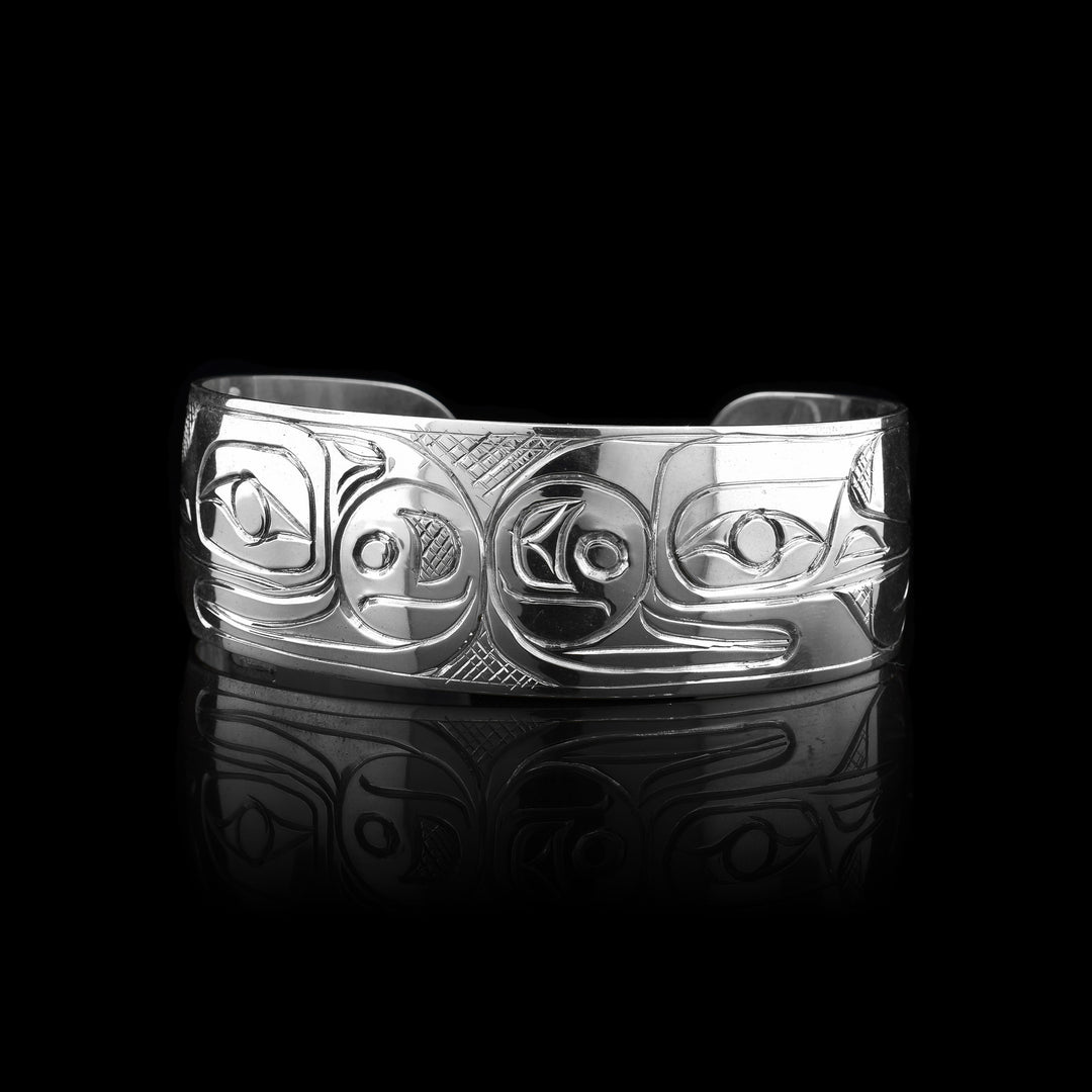 3/4" Sterling Silver Hummingbird Bracelet Cuff. Both hummingbirds are facing away, looking outwards in the middle of the cuff.