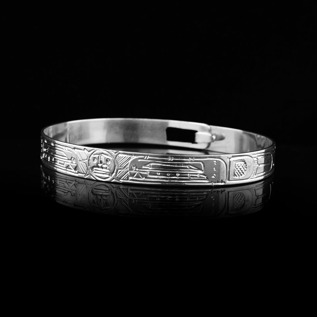 3/8" wide sterling silver Double Orca and Sun Clasp Bracelet
