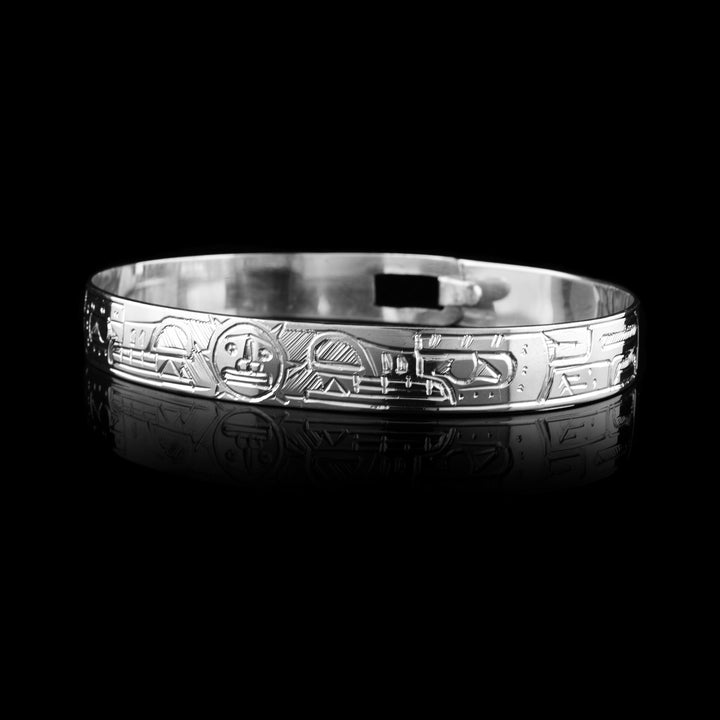 3/8" wide sterling silver Double Wolf and Sun Clasp Bracelet