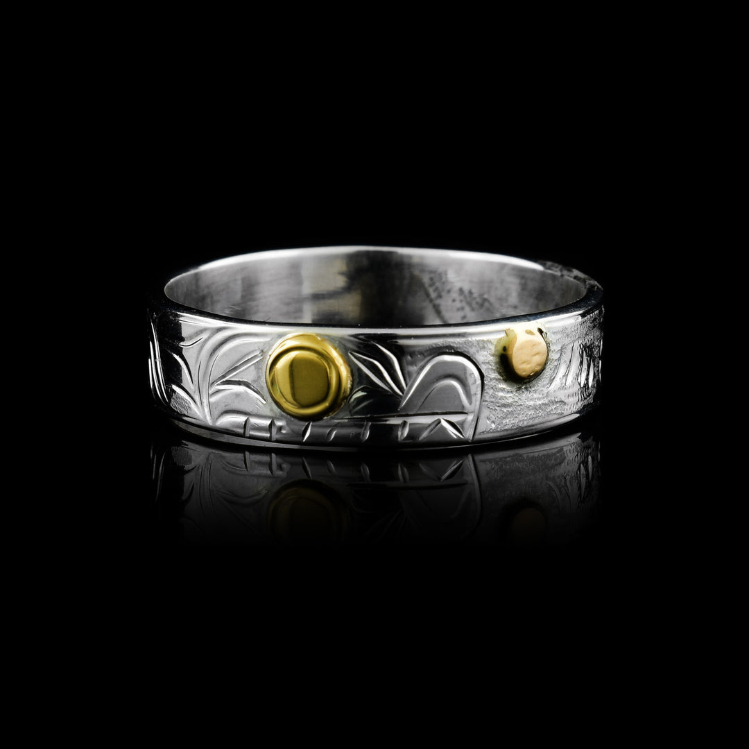 3/8" sterling silver and 14k gold wolf and moon band ring