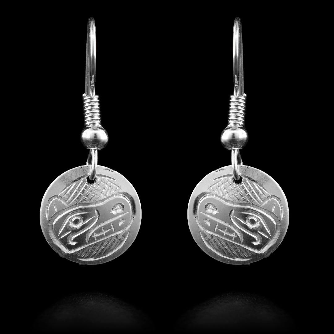 Minimalist sterling silver circular dangle earrings featuring the powerful Bear legend. Authentically crafted Northwest Coast Indigenous jewelry.