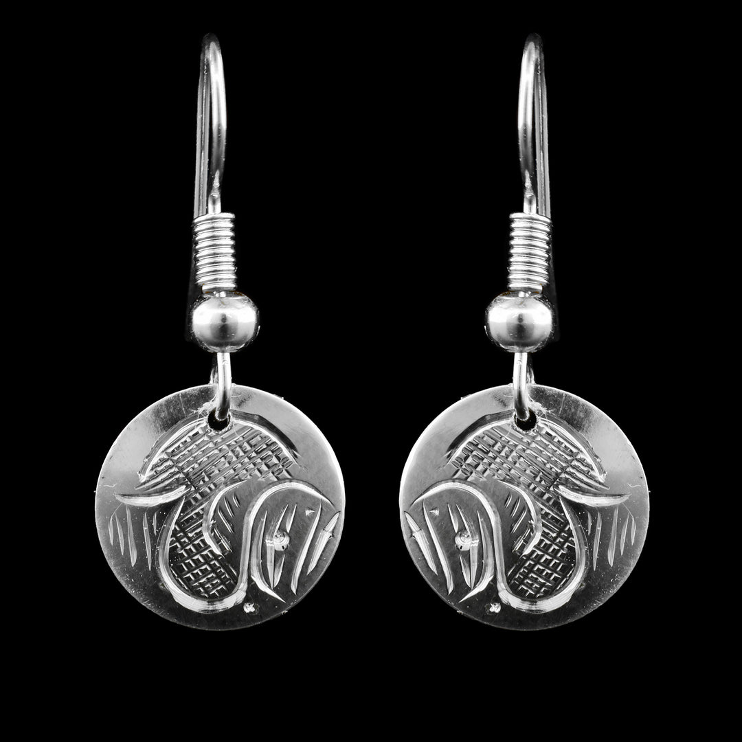 Minimalist Salmon legend dangle earrings.  Made from sterling silver the legend is carved into the surface.