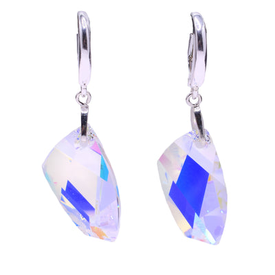 These Swarovski crystal earrings feature aurora borealis iridescent Swarovski crystals with sterling silver leverback clips.