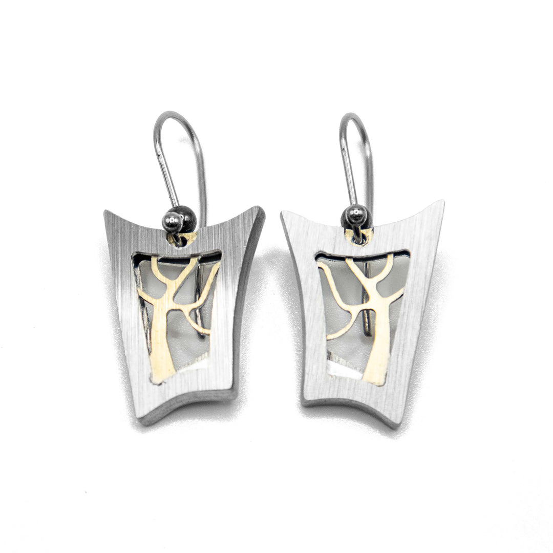 Anodized and brushed aluminum tree earrings by artist JR Franco. Minimalist design. Stainless steel hooks.