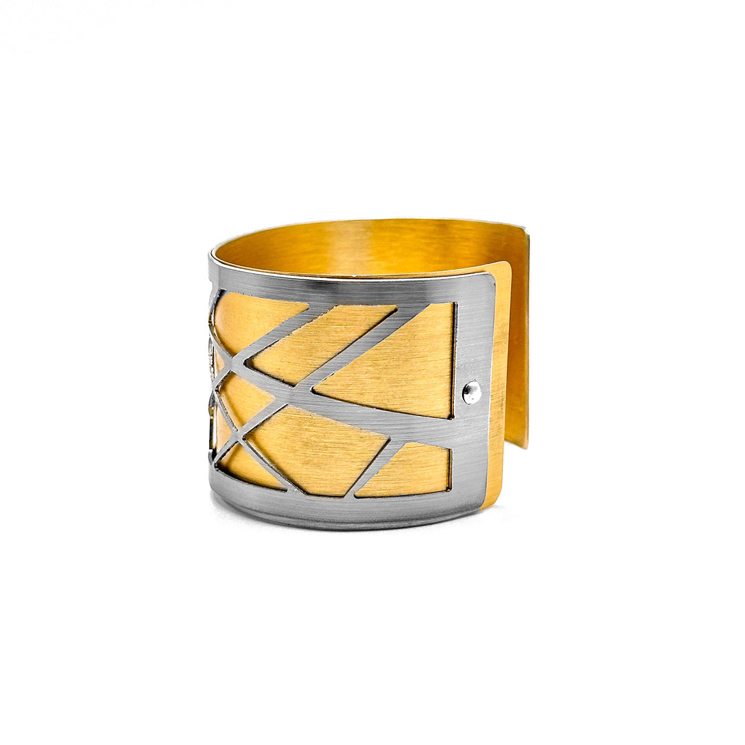 Brushed and anodized aluminum double layer grey and gold bracelet side view.