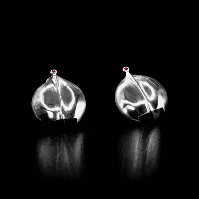 Sterling silver and black plexiglass studs with rubies. Abstract design. By Ivan Dobren.