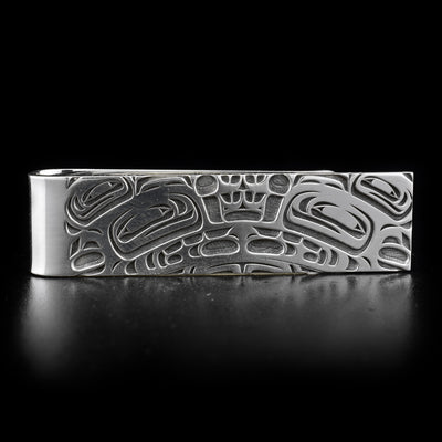Sterling silver money clip featuring abstract laser-carved design of eagle. By Tahltan artist Grant Pauls.