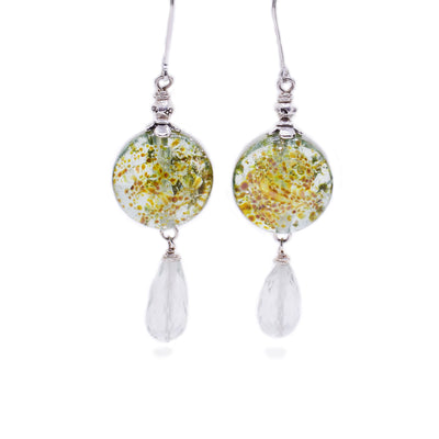 Sterling silver earrings with clear, cylindrical handmade lampworked glass beads that feature splashes of yellow, green and orange colour. Faceted, clear teardrop crystals below both glass beads.
