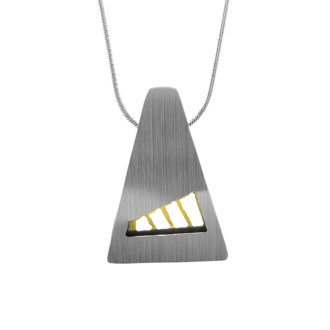 Domed, silver-colour pendant with triangle shape and flat top. Close to bottom a piece is cut out with slanted, vertical gold-colour lines going across.