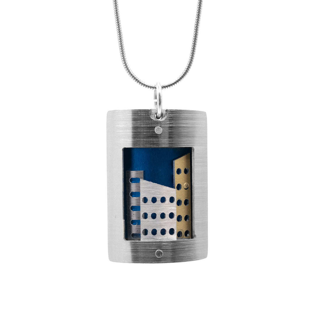Domed, rectangular, grey frame with gold-colour, silver-colour and grey skyscrapers inside against blue backdrop. Minimalist design.