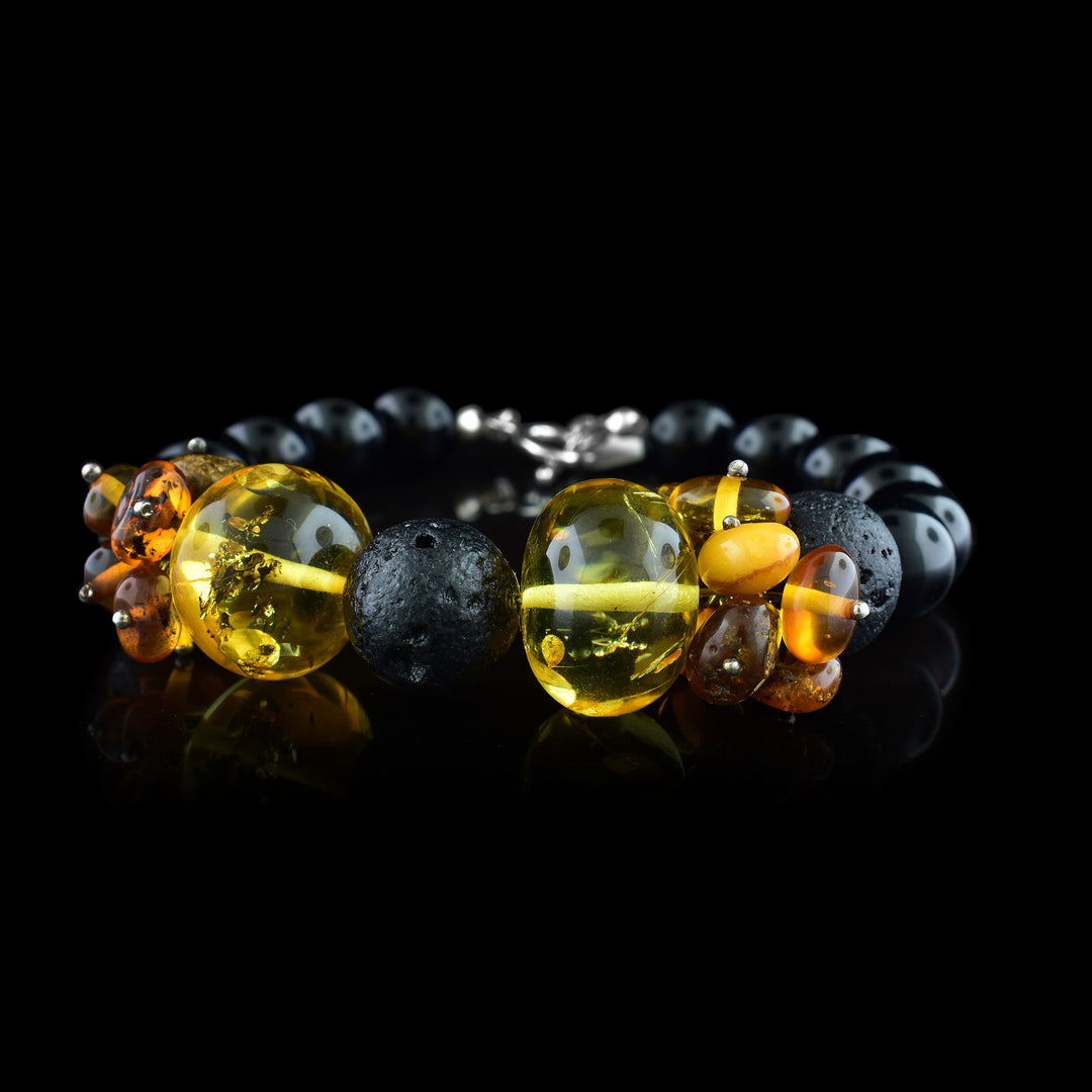Amber, Lava stone, Black Beaded Bracelet