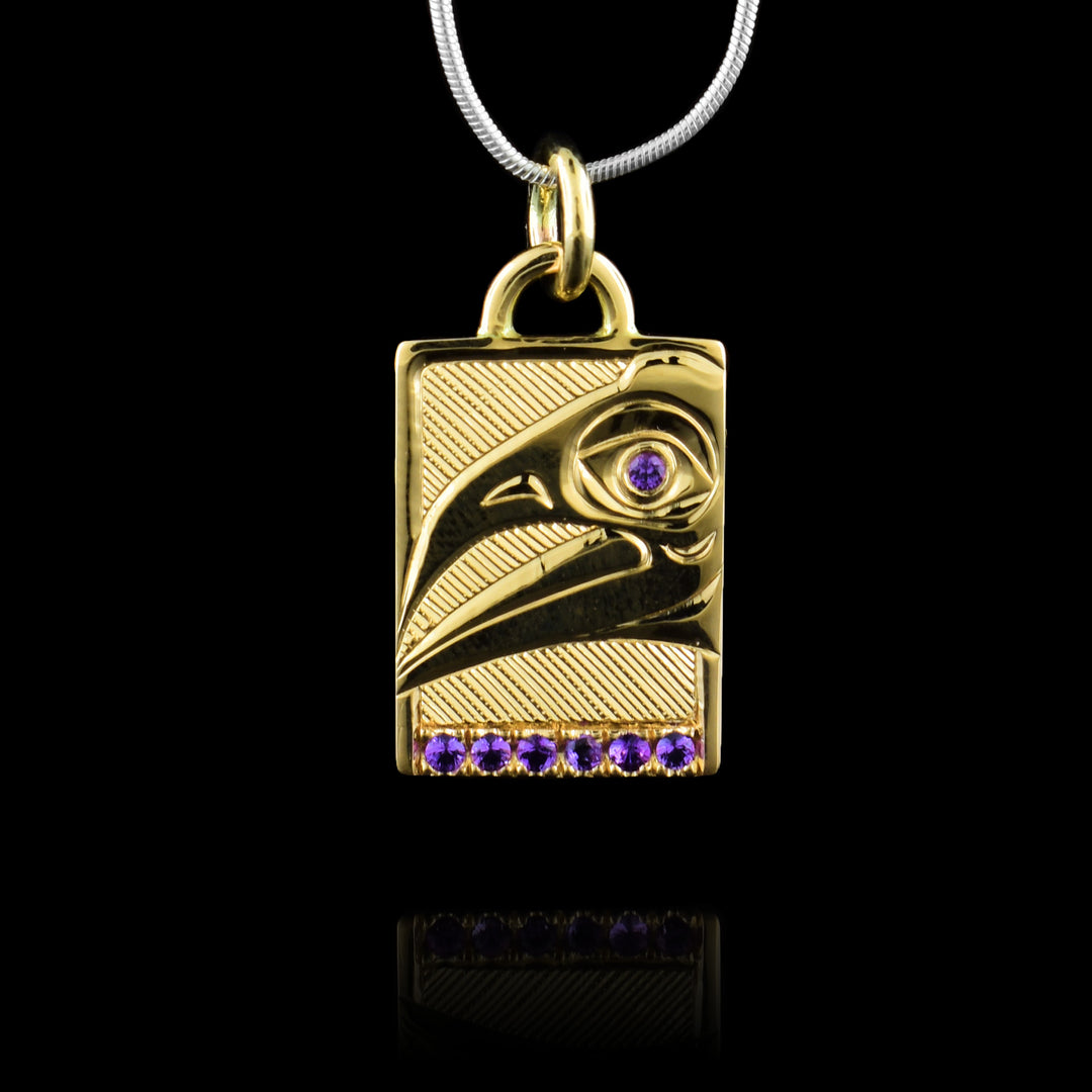Amethyst & 14k Gold Rectangle Raven Pendant