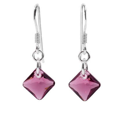 These Swarovski crystal earrings feature amethyst rhombus Swarovski crystals with sterling silver hooks.