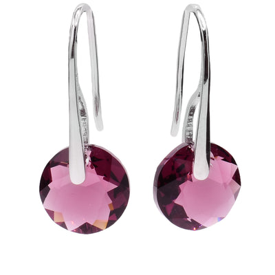 These Swarovski crystal earrings feature round amethyst Swarovski crystals with sterling silver hooks.