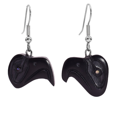 These eagle abalone earrings have argillite hangs that are shaped like the head of an eagle. The hangs have been carved and have abalone shell gems set into the eyes.