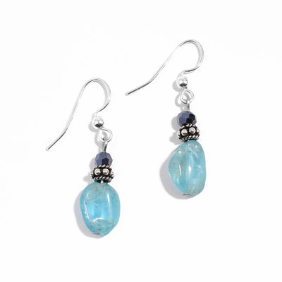 Sterling silver blue aquamarine and dark blue crystal dangle earrings.