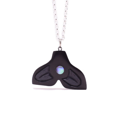 Pendant has circular abalone accent set in top-middle area and is hand-carved by Haida artist Amy Edgars.