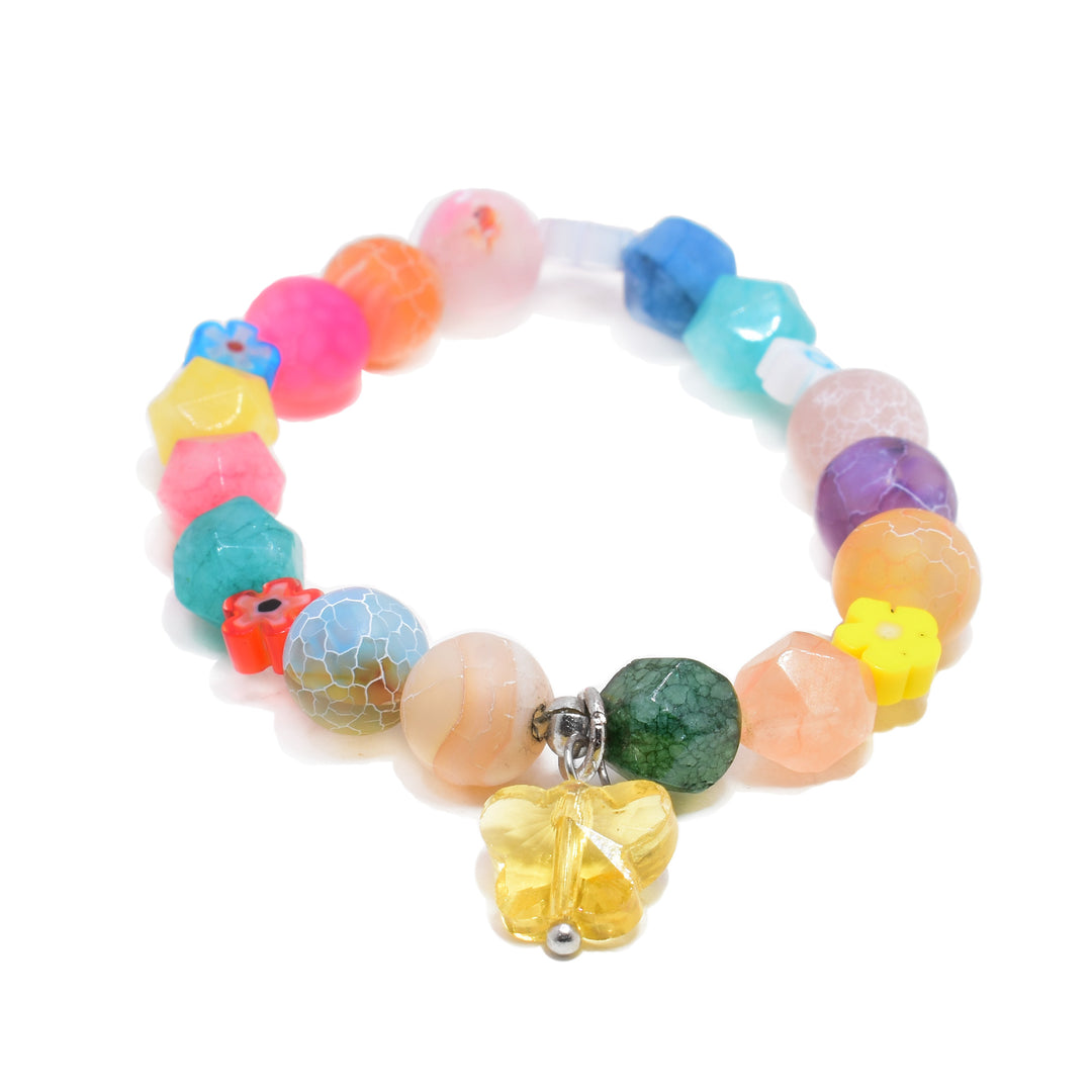 This small, flower bracelet has dyed agate beads and several glass beads shaped like a butterfly and flowers.