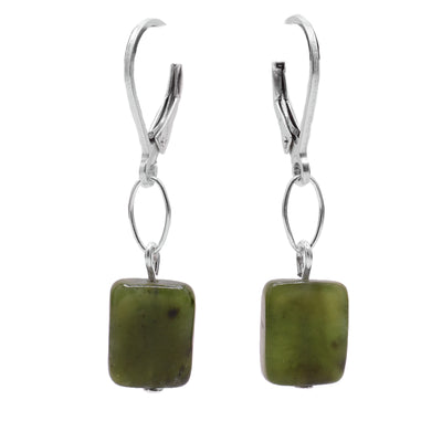 These jade dangle earrings are made from sterling silver and have rectangular BC jade hangs.