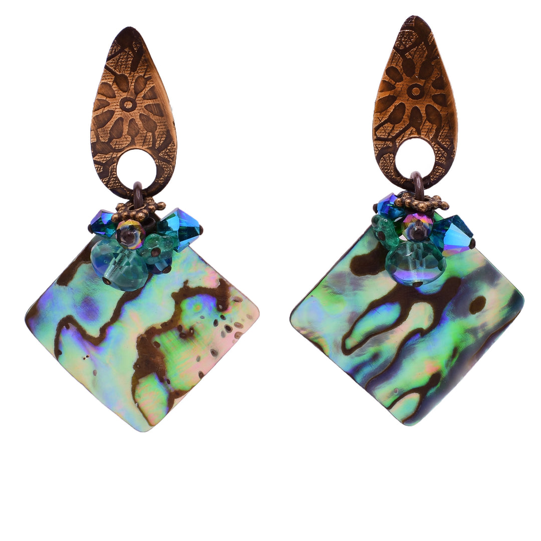 Dangle stud earrings made of Swarovski crystal, handworked brass, pressed glass and abalone. Titanium ear posts. By Honica.
