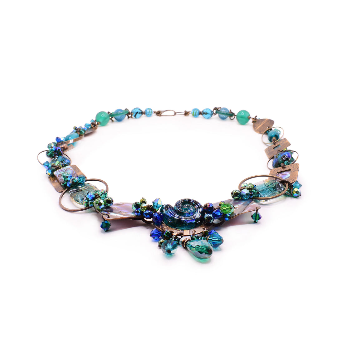 Atlantis Abalone Glass Beaded Brass Chain Necklace With Swarovski Crystals