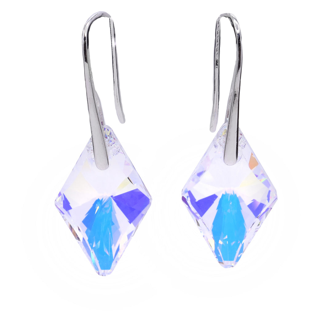 These Swarovski crystal earrings feature iridescent rhombus aurora borealis Swarovski crystals with sterling silver hooks.
