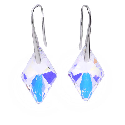 These Swarovski crystal earrings feature iridescent rhombus aurora borealis Swarovski crystals with sterling silver hooks.