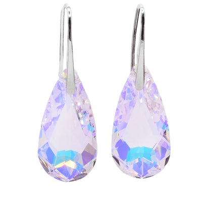 These Swarovski crystal earrings feature an iridescent aurora borealis teardrop Swarovski crystals with a sterling silver hooks.