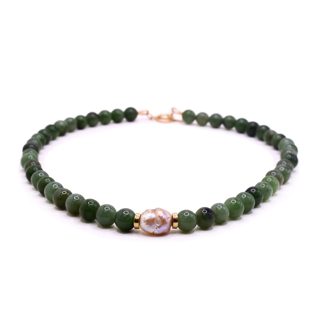 BC Jade 8mm Beaded Necklace with a Baroque Pearl Center