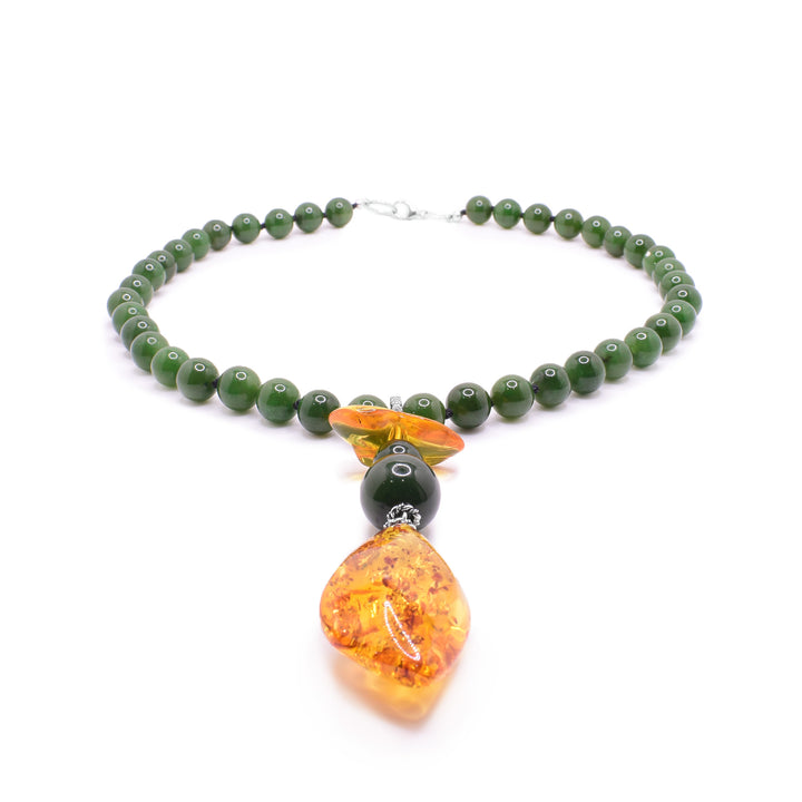 BC Jade & Amber Pendant Necklace the beaded jade is connect by an amber pendant.