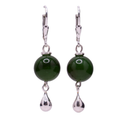 Sterling silver round grade A BC jade bead dangle earrings with teardrop silver beads dangling below. Lever back hooks.