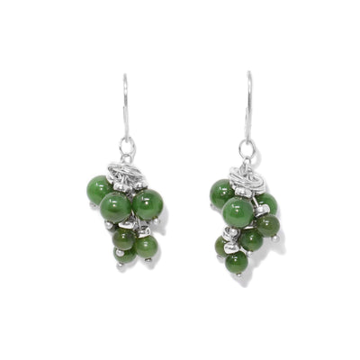 Grape vine style earrings with round BC jade beads. Sterling silver ring adornments and lever-back hooks.