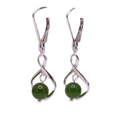 For each earring, sterling silver twists and intertwines with a round BC jade bead at the bottom. Minimalist design. Lever back hooks.