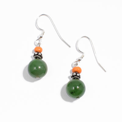 Sterling silver round BC jade beads with bright orange glass beads dangle earrings.