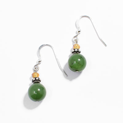 Sterling silver BC jade and yellow translucent crystal dangle earrings.