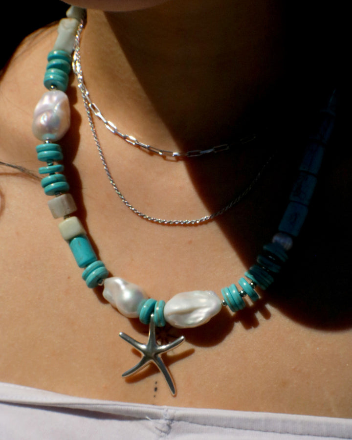 Beaded Turquoise Starfish Necklace with Pearls - Artina's Jewellery