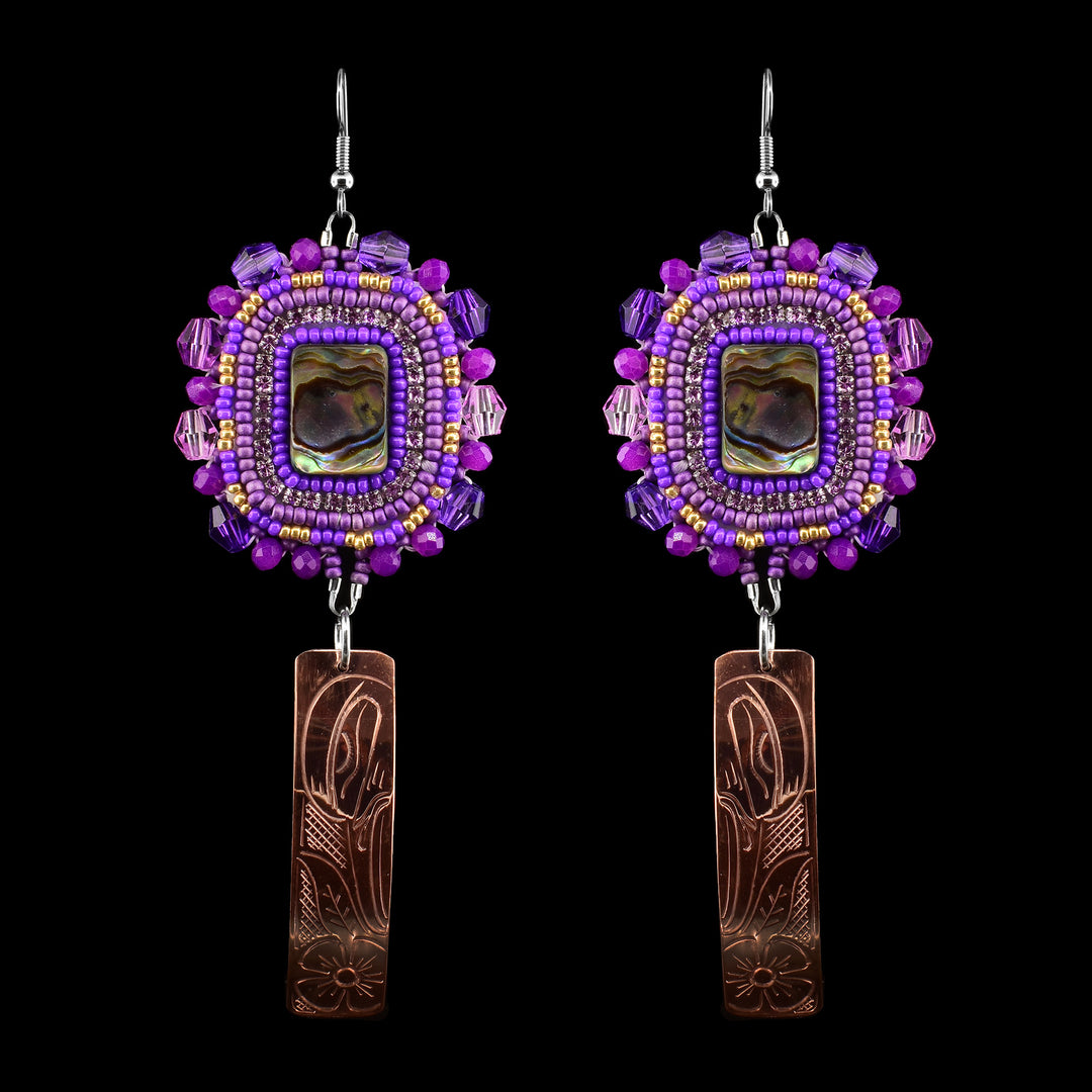 Coast Salish Hummingbird beaded earrings by Bambi Lancaster. Features handcrafted copper rectangles, vibrant purple beadwork, and stunning abalone shell.