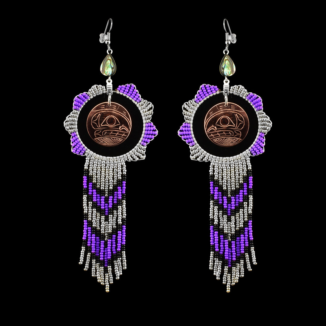 Handcrafted Indigenous Beaded Orca Dangling Earrings featuring genuine copper & vibrant abalone shell. Discover authentic Northwest Coast art at Artina's.