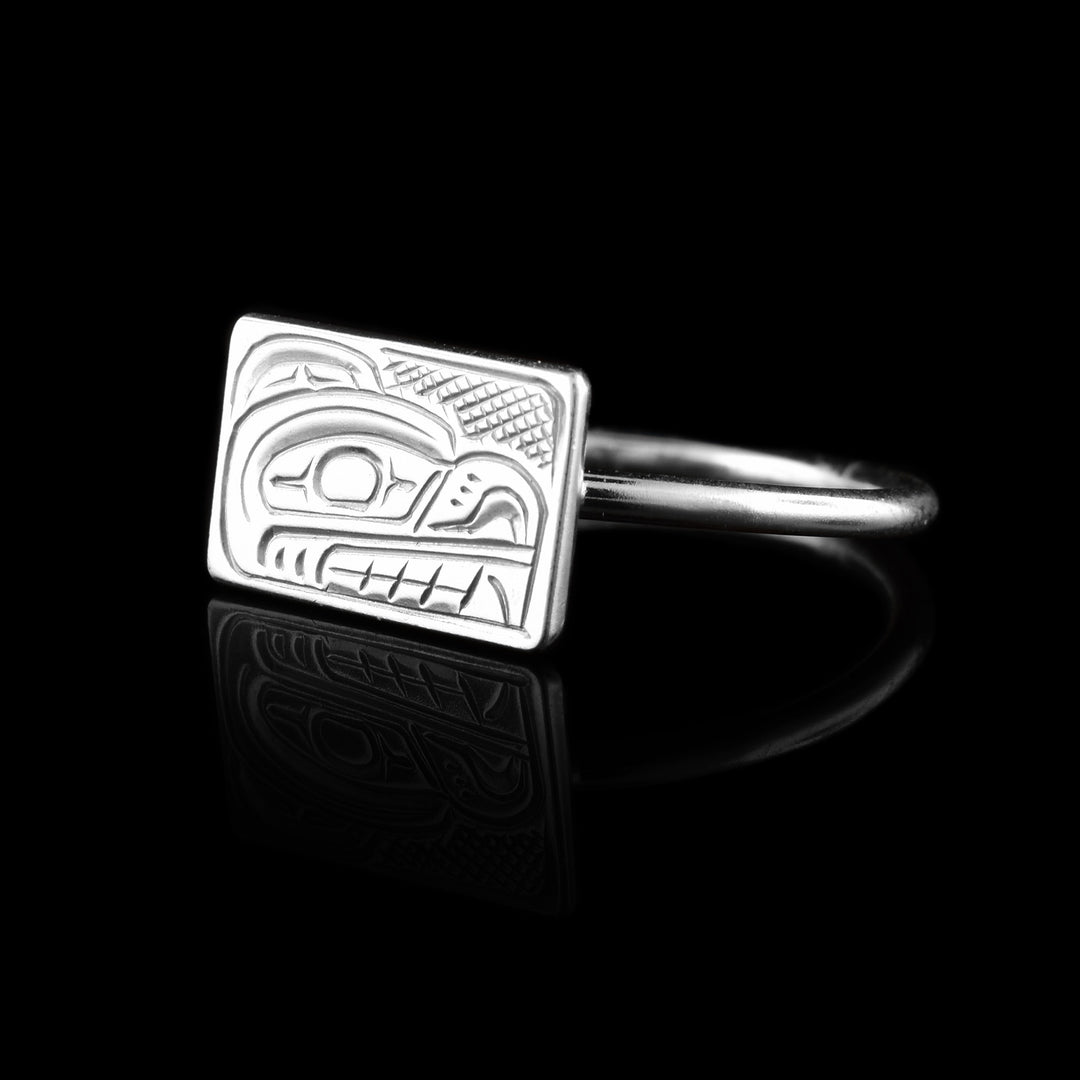 Bear Crest Statement Ring made with sterling silver the legend of the Bear has been carved into the rectangle on top of the silver band.