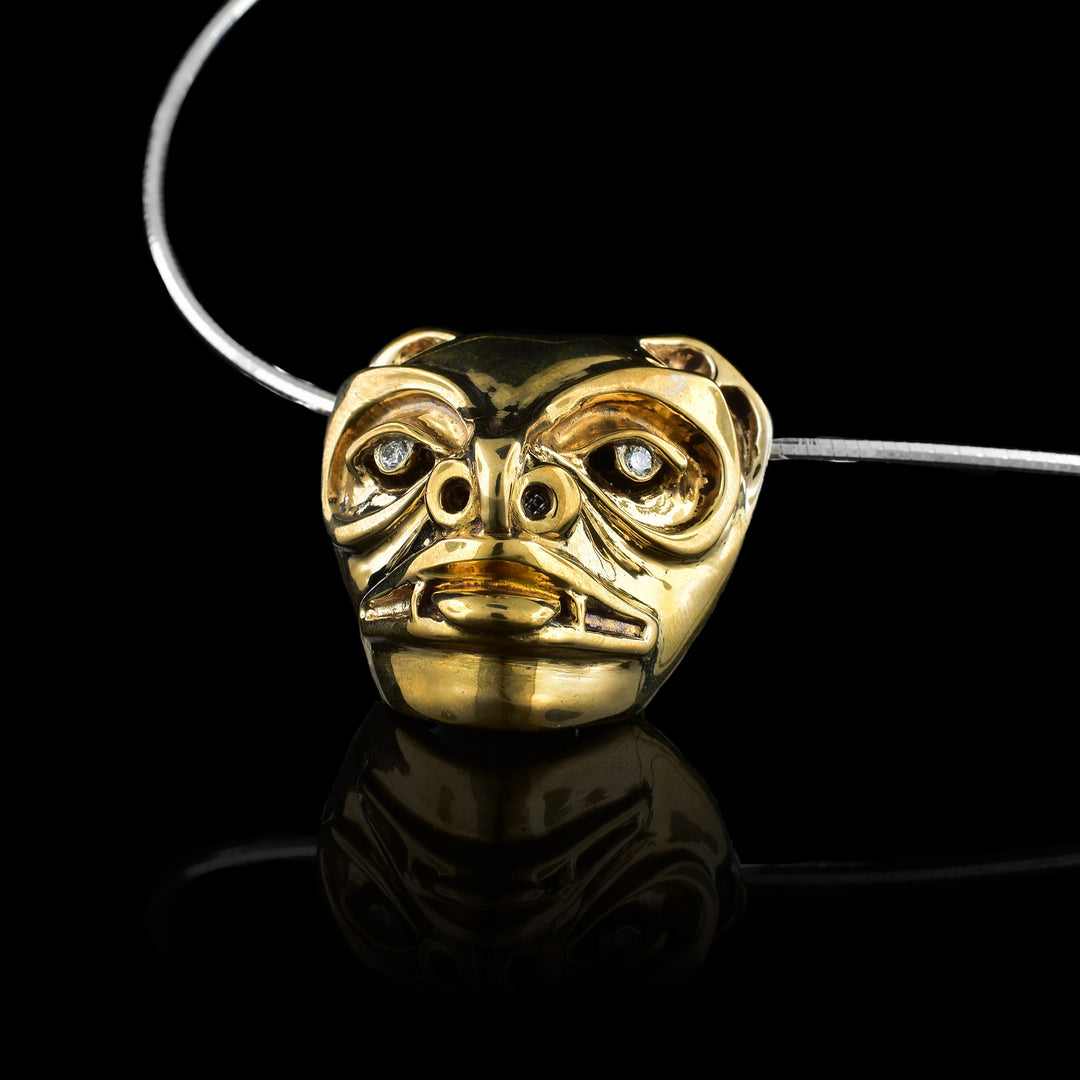 Bear Mask Bronze Pendant With Diamond Eyes