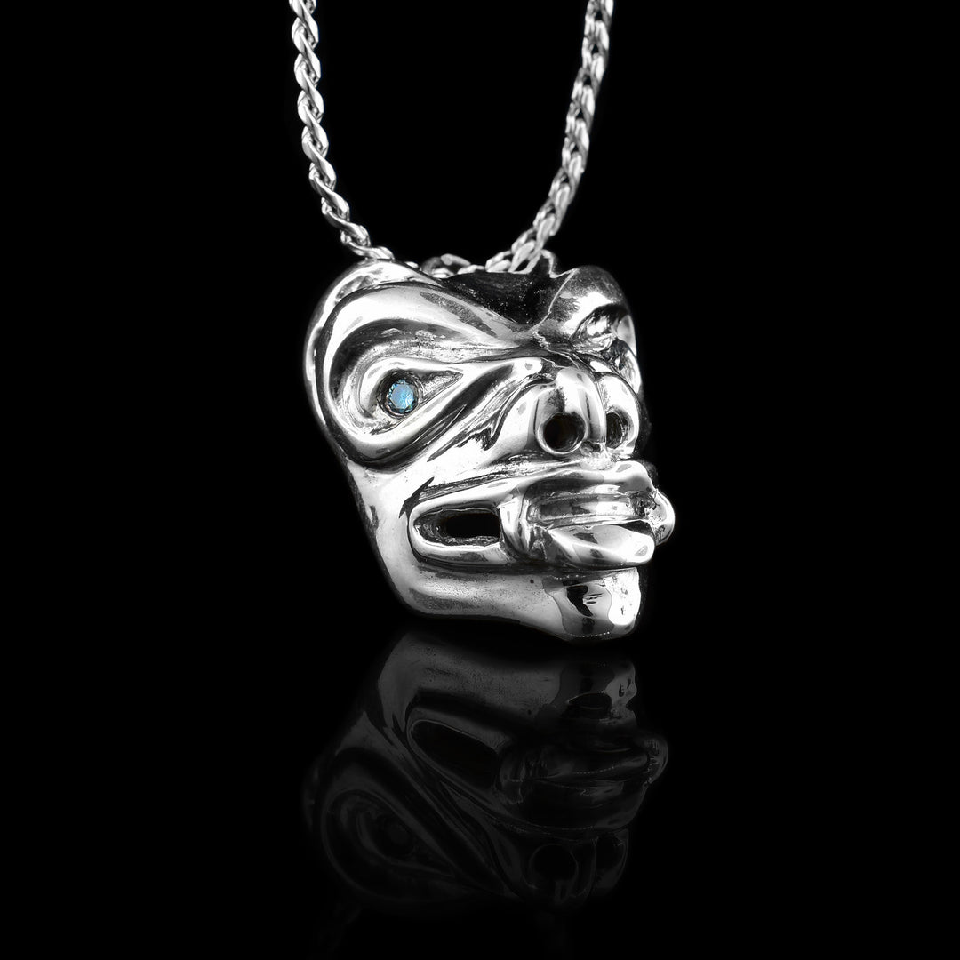 Bear Mask Sterling Silver Pendant With Blue Diamond Eyes