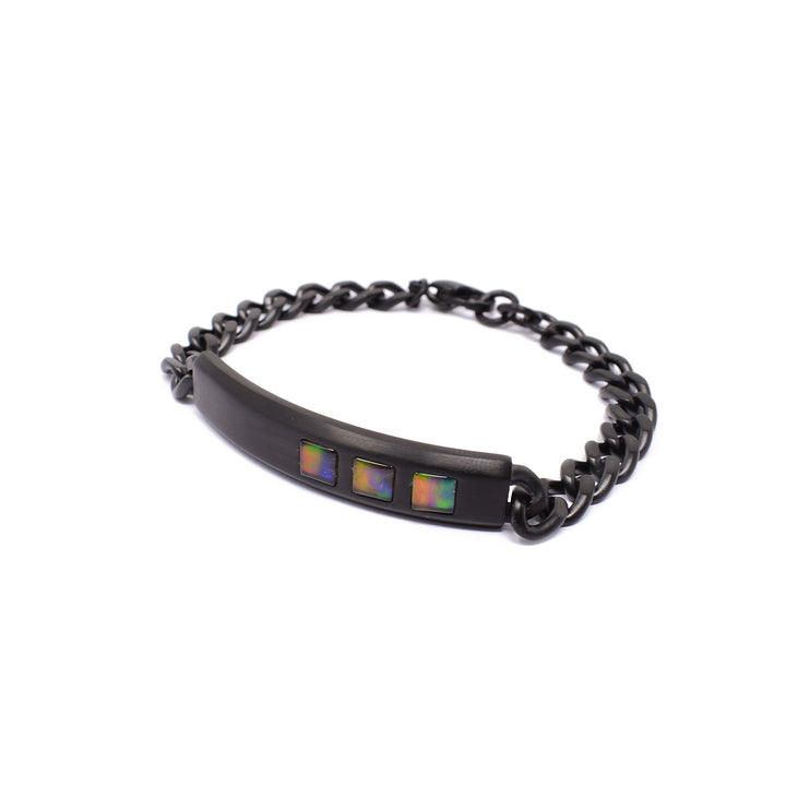 Side-view of black titanium ammolite bracelet.