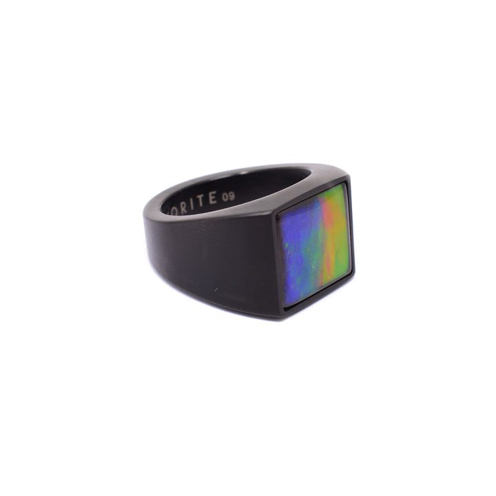 Side-view of black titanium ammolite ring.