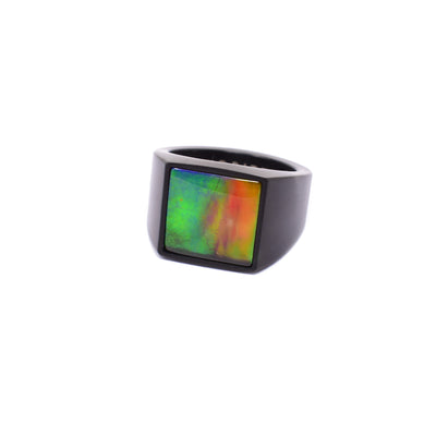 Square signet ring. Front features square piece of A grade ammolite. By Korite International.